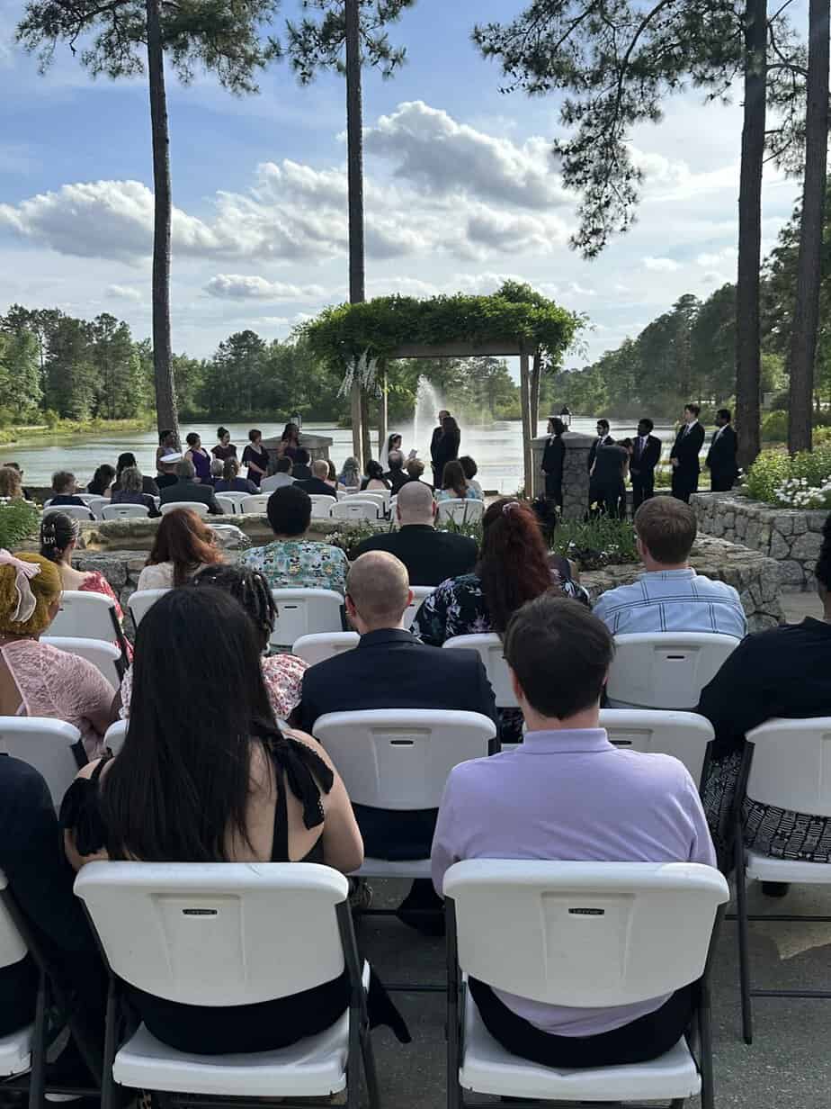 Outdoor lakeside wedding ceremony at Mariani's Venue near Charlotte, NC