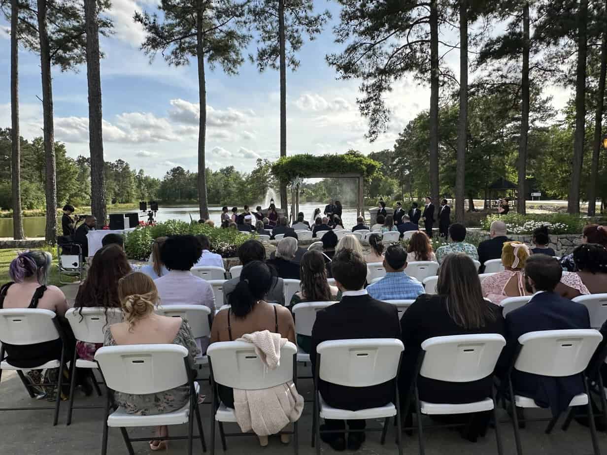 Lakeside wedding ceremony at Mariani's Venue near Fayetteville, NC
