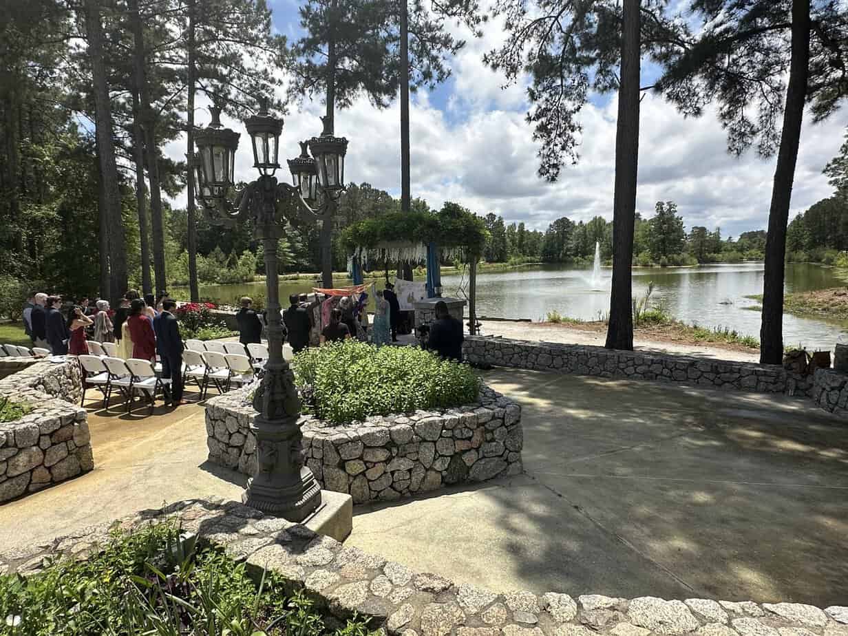 Lakeside wedding ceremony at Mariani's Venue near Raleigh, NC