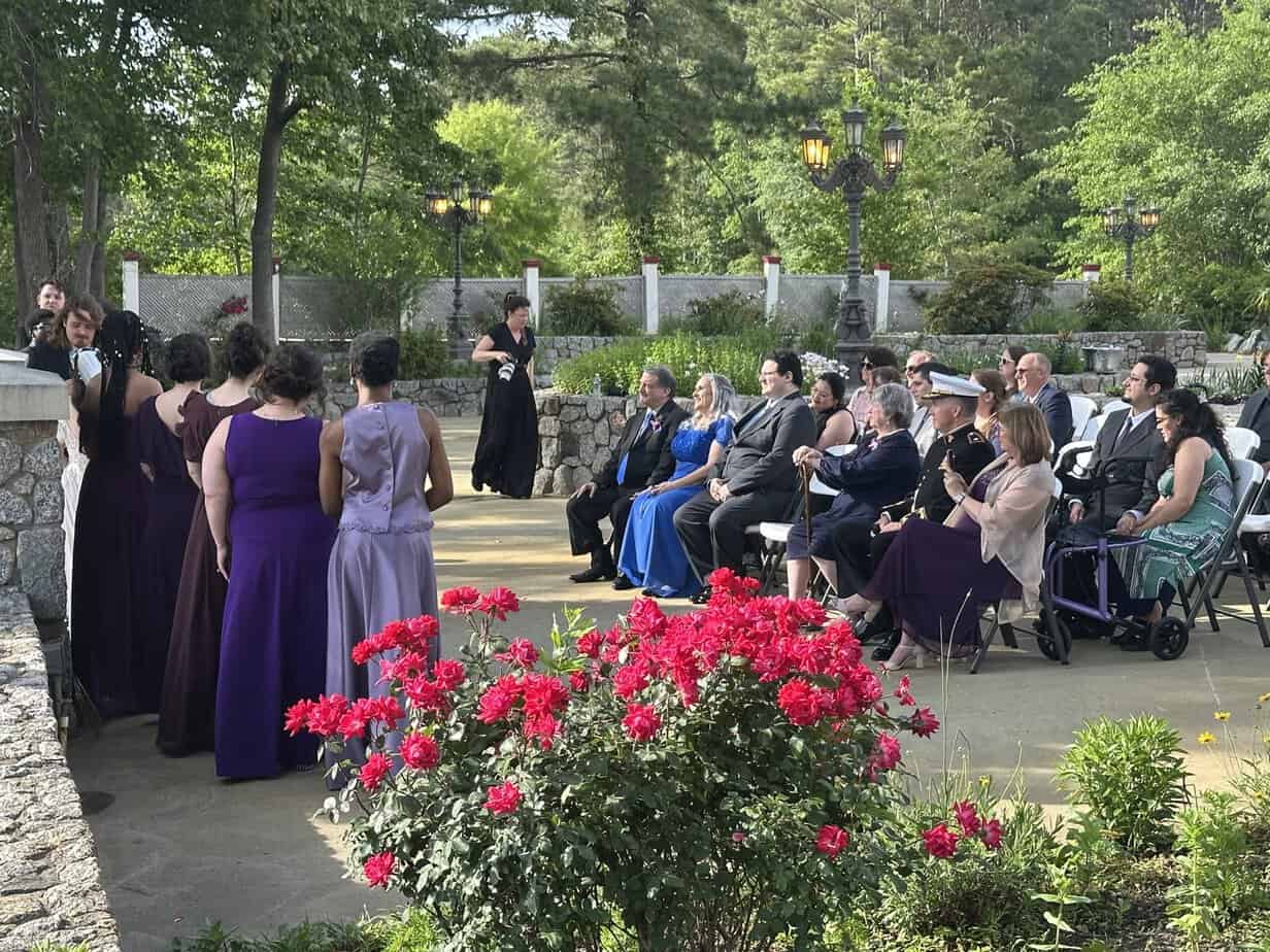 Wedding guests seated for an outdoor ceremony at Mariani's Venue near Raleigh, NC